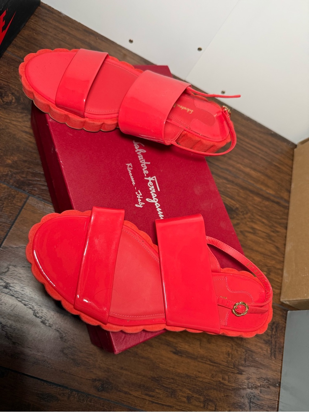 Salvatore Ferragamo Red Patent Leather Scalloped Strap Sandals